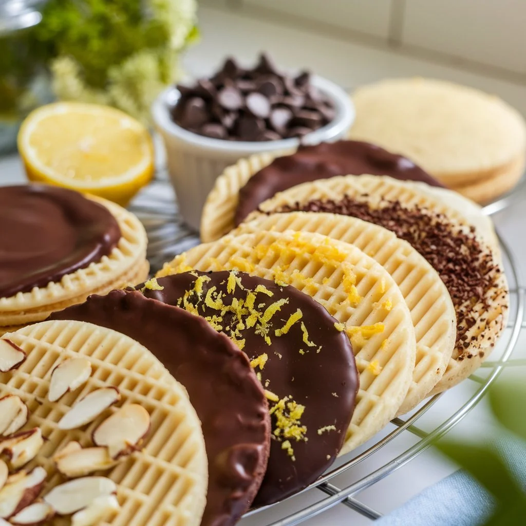 wafer cookies with chocolate dip, lemon zest, and almond topping.