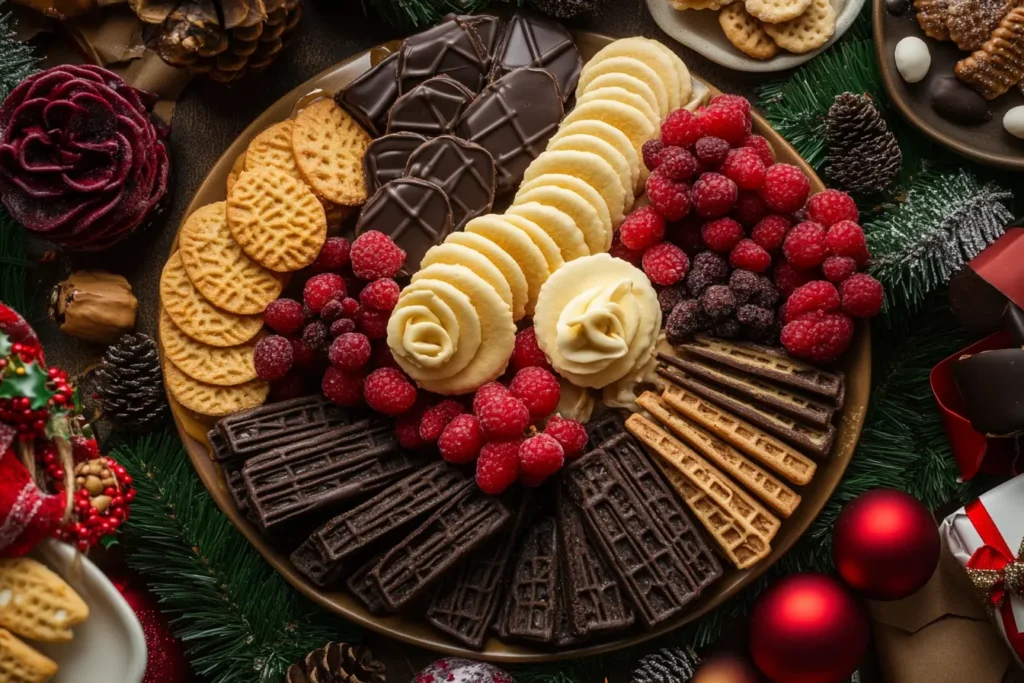 stack of golden wafer cookies with crisp edges on a white plate, accompanied by vanilla pods and a cup of tea, styled on a rustic wooden table.