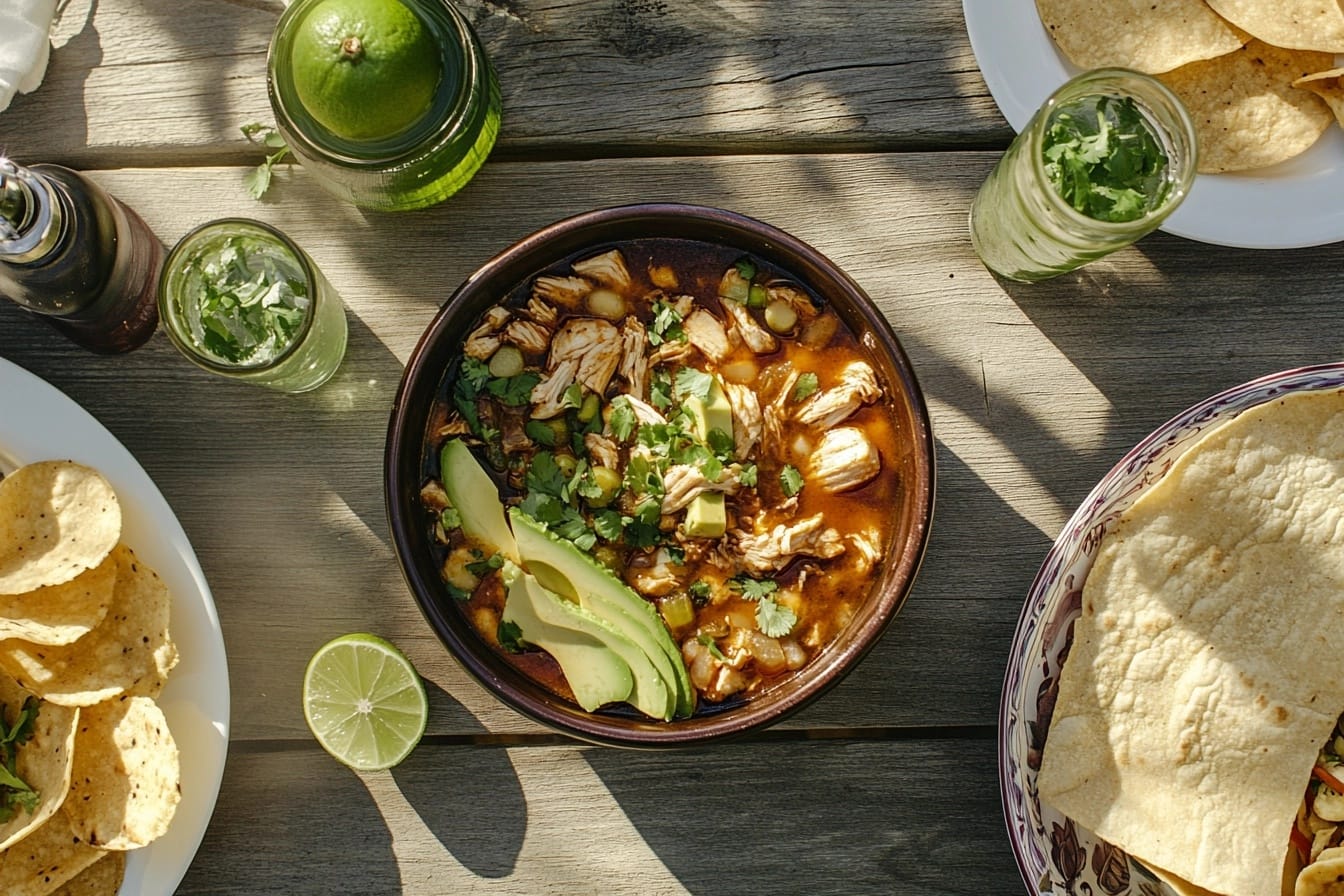 A comforting bowl of caldo de pollo, featuring tender chicken and vibrant vegetables, garnished with cilantro and lime, served on a rustic table.