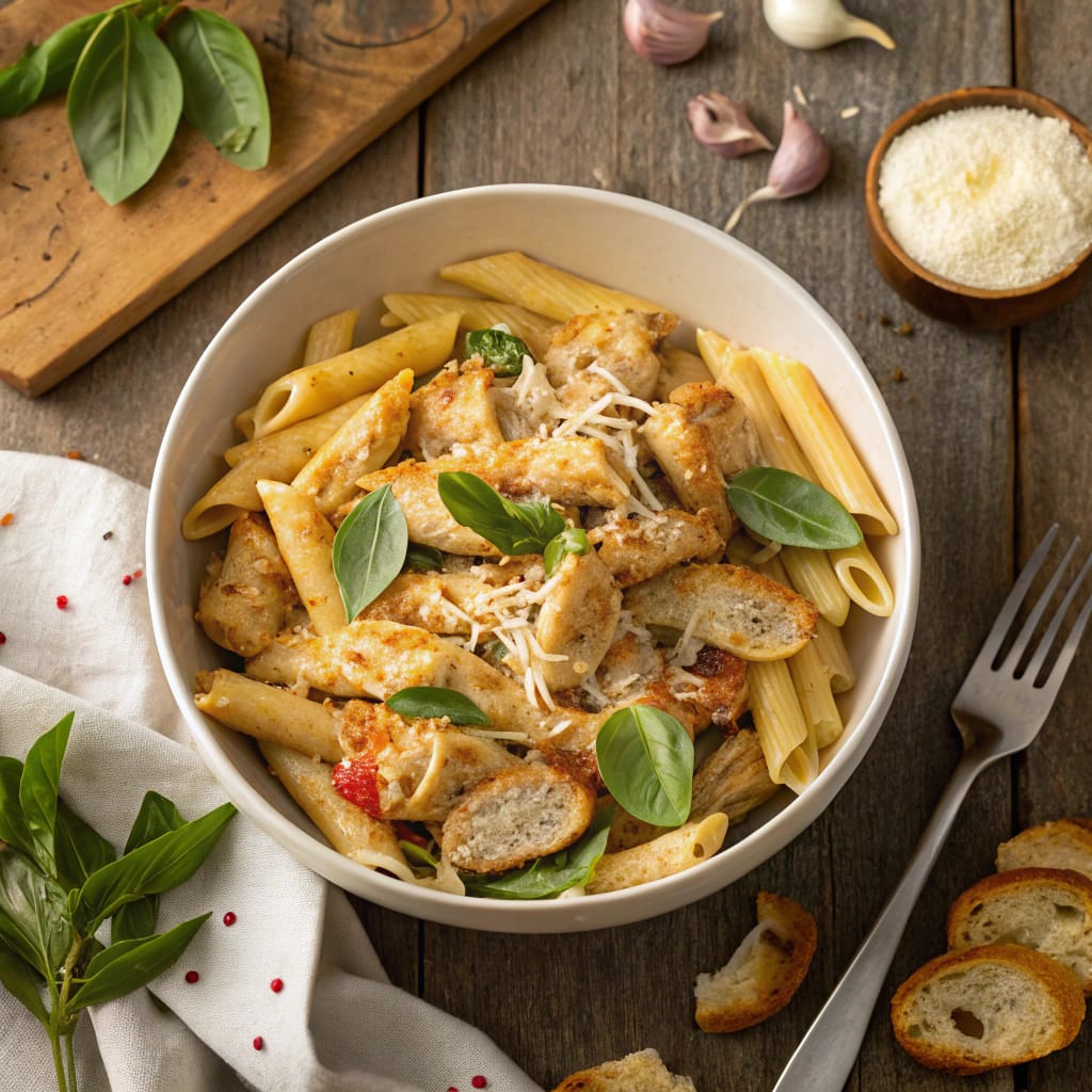 Close-up of Marry Me Chicken Pasta with creamy garlic sauce, sun-dried tomatoes, fresh basil, and Parmesan on a rustic table.