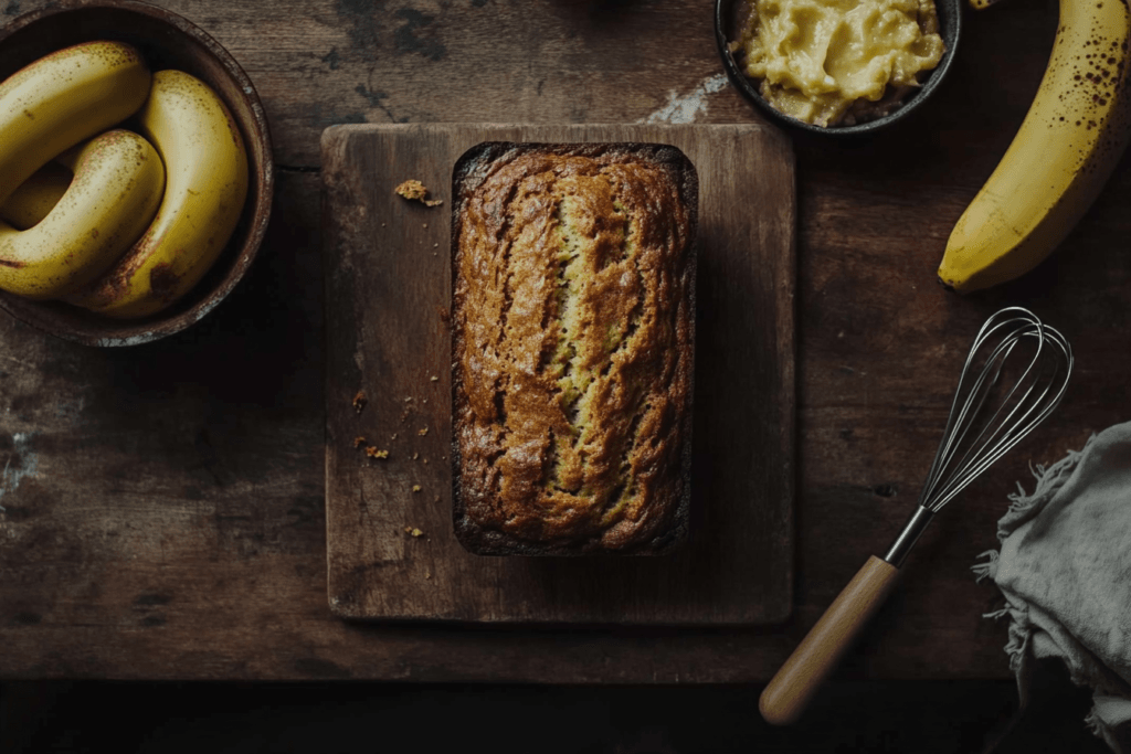 Freshly baked 4-ingredient banana bread on a wooden cutting board with overripe bananas and baking tools nearby.