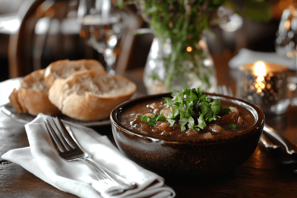 A bowl of swamp soup garnished with parsley, served with crusty bread and wine on a beautifully styled rustic dining table.