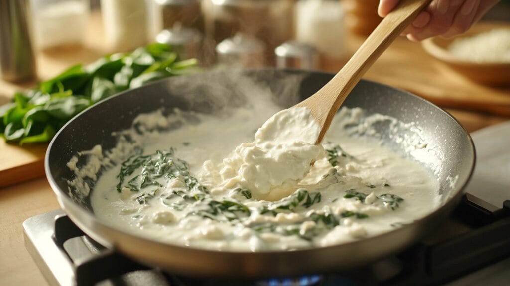 Close-up of creamy white sauce bubbling in a skillet, being stirred with a wooden spoon, with spinach and Parmesan visible in the background.