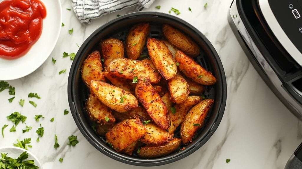 "Roasted Brussels sprouts drizzled with balsamic glaze, served on a vibrant plate with an air fryer in the background."