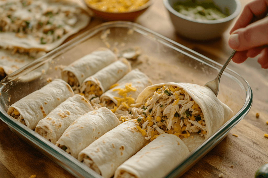 A tortilla filled with shredded chicken, green chile, and cheese being rolled, with a casserole dish of enchiladas in progress."