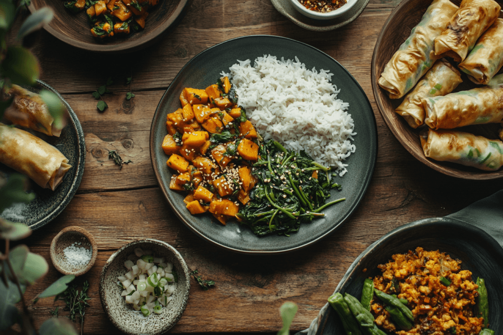 A dinner spread featuring kabocha squash stir-fry, steamed rice, sautéed greens, and spring rolls, garnished with scallions and sesame seeds.