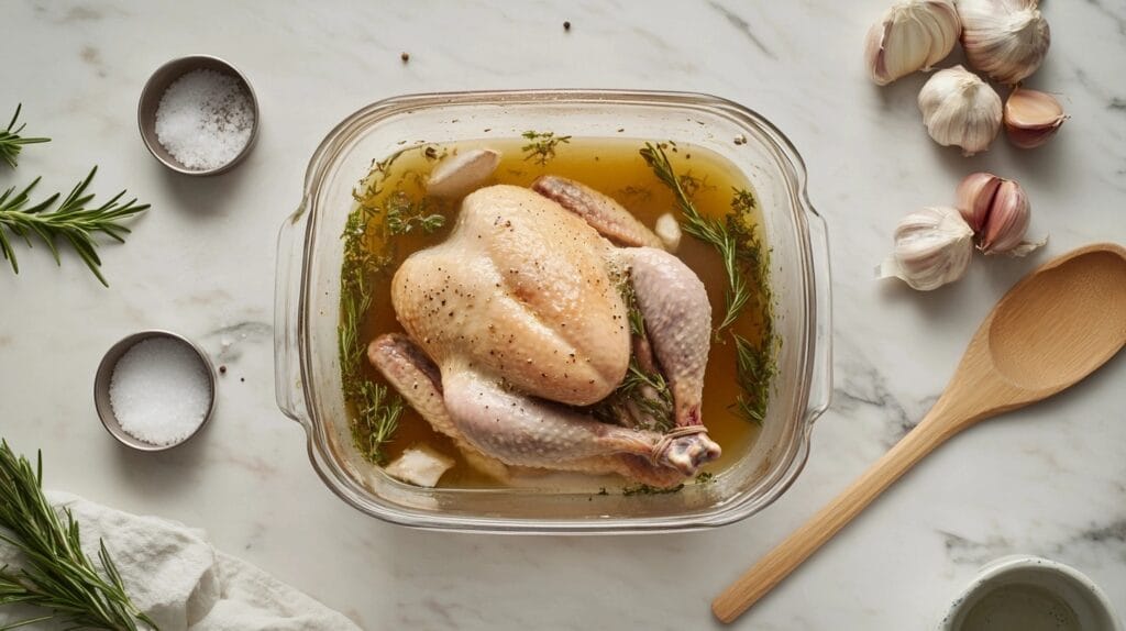 Turkey breast submerged in a flavorful wet brine with rosemary, garlic, and peppercorns in a glass container, surrounded by brining tools on a marble countertop.