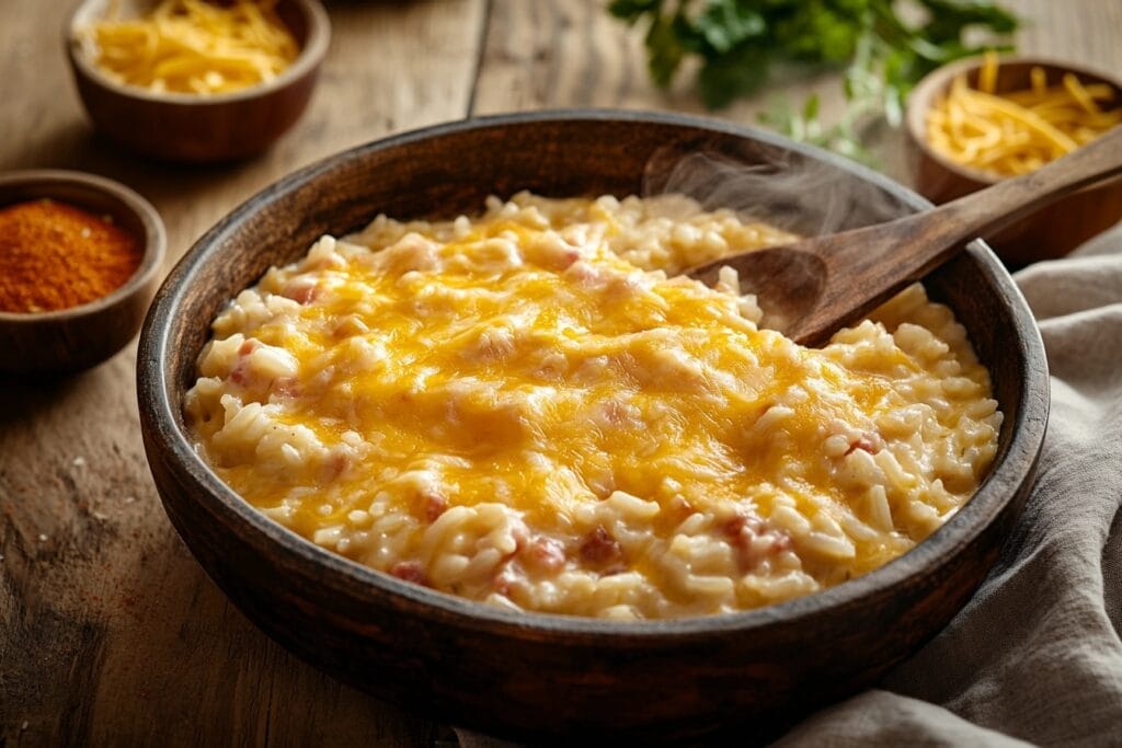 Golden cheesy rice bubbling in a baking dish with a wooden spoon and steam rising, surrounded by cheese and paprika bowls.