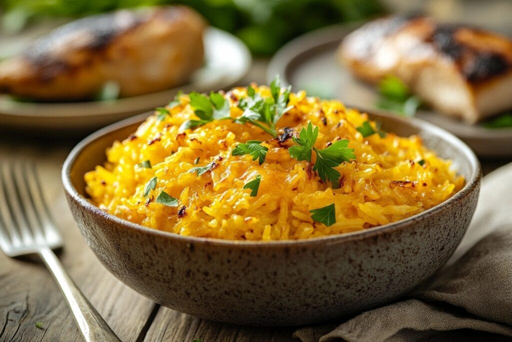  Cheesy Rice Serving Suggestion with Parsley Garnish