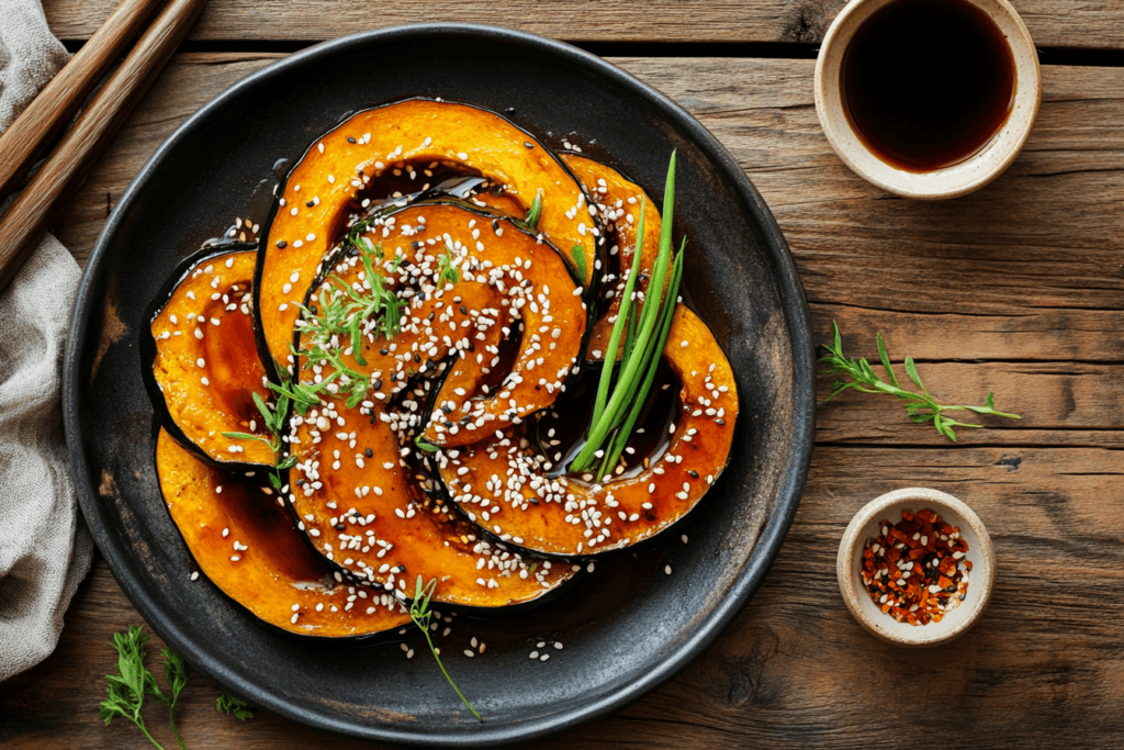 Overhead view of roasted kabocha squash garnished with sesame seeds and scallions on a rustic wooden table, surrounded by soy sauce and chili oil