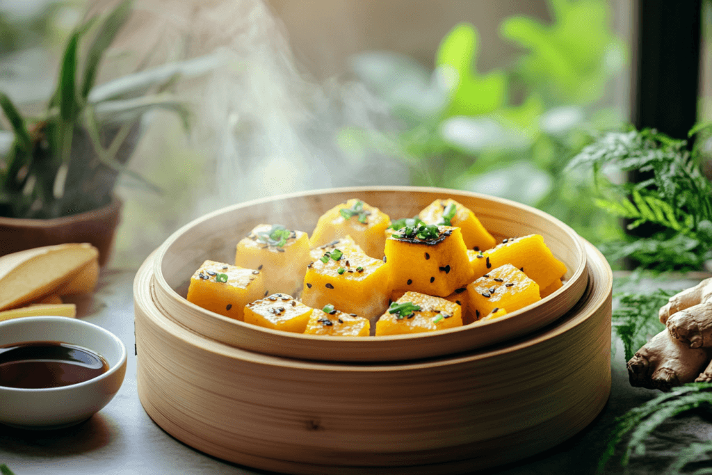 Braised kabocha squash with black beans and soy sauce in a ceramic dish, garnished with cilantro, with chopsticks and steamed rice nearby.