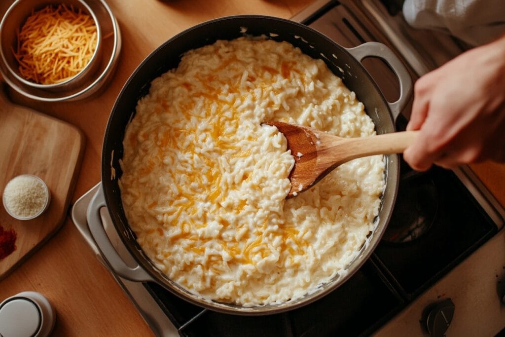 A pot of creamy cheesy rice being stirred with a wooden spoon, showcasing the melted cheese coating the rice grains.