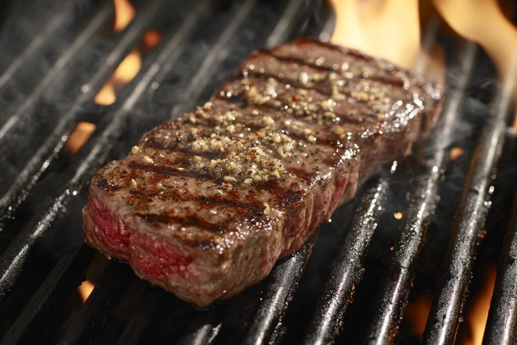 Denver steak sizzling on a grill with perfect sear marks, flames, and smoke for a mouth-watering look.