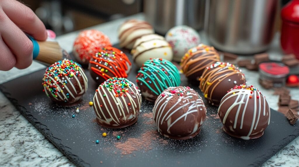 Decorated hot chocolate bombs with colorful drizzles, sprinkles, and edible glitter displayed on a slate board.
