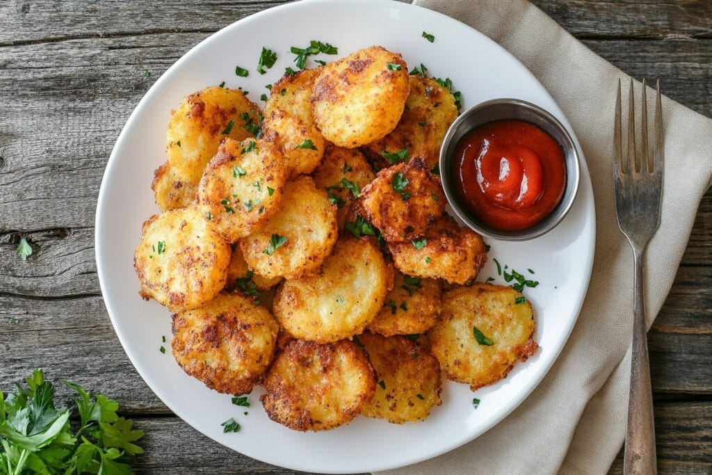 Crispy breakfast potatoes served on a white plate with parsley garnish and a side of ketchup.