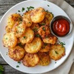Crispy breakfast potatoes served on a white plate with parsley garnish and a side of ketchup.