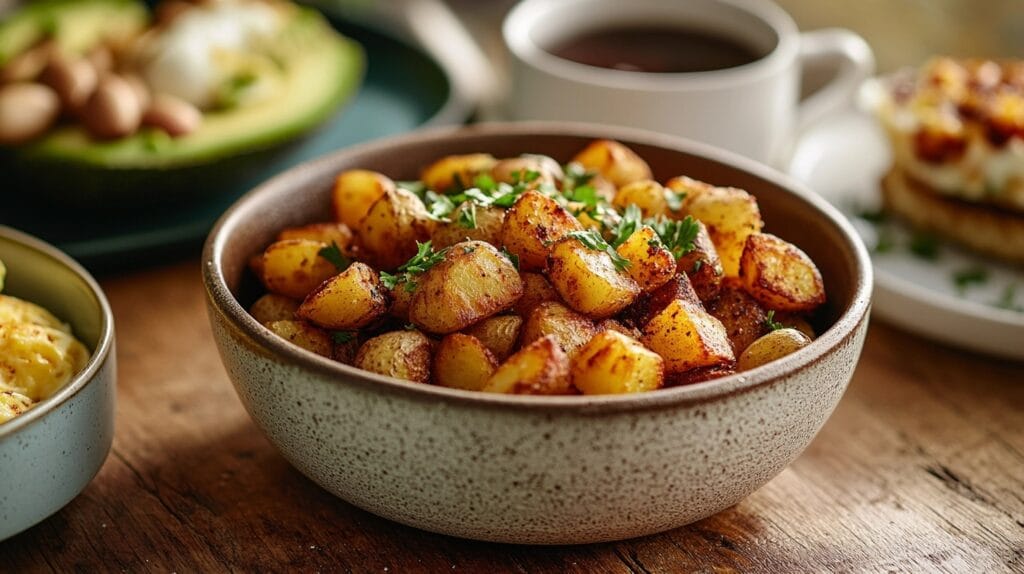 Seasoned potato cubes in a mixing bowl being tossed with paprika, garlic powder, and onion powder.
