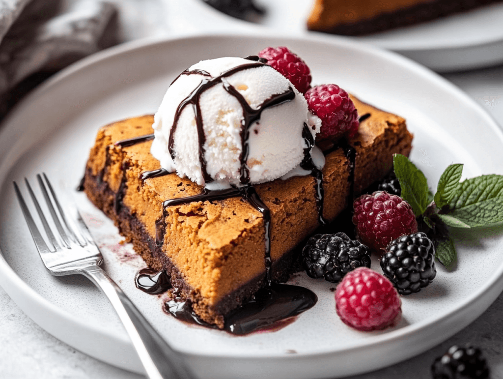 Sweet potato brownie batter swirled with almond butter and sprinkled with chocolate chips in a baking pan.