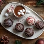 Hot chocolate bombs on a white platter with one melting into a mug of milk, surrounded by peppermint sticks and festive greenery.
