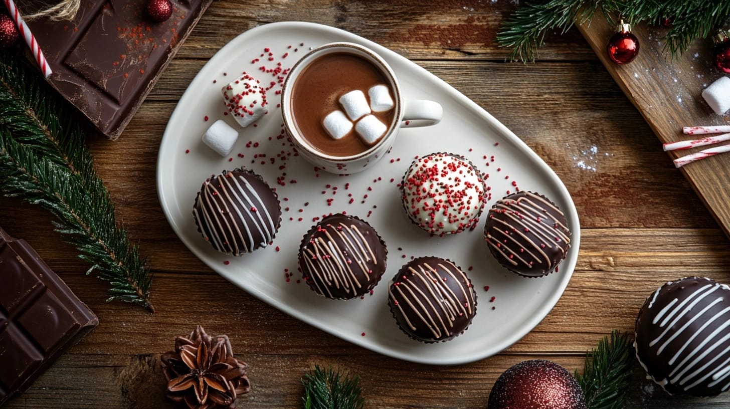 Hot chocolate bombs on a white platter with one melting into a mug of milk, surrounded by peppermint sticks and festive greenery.