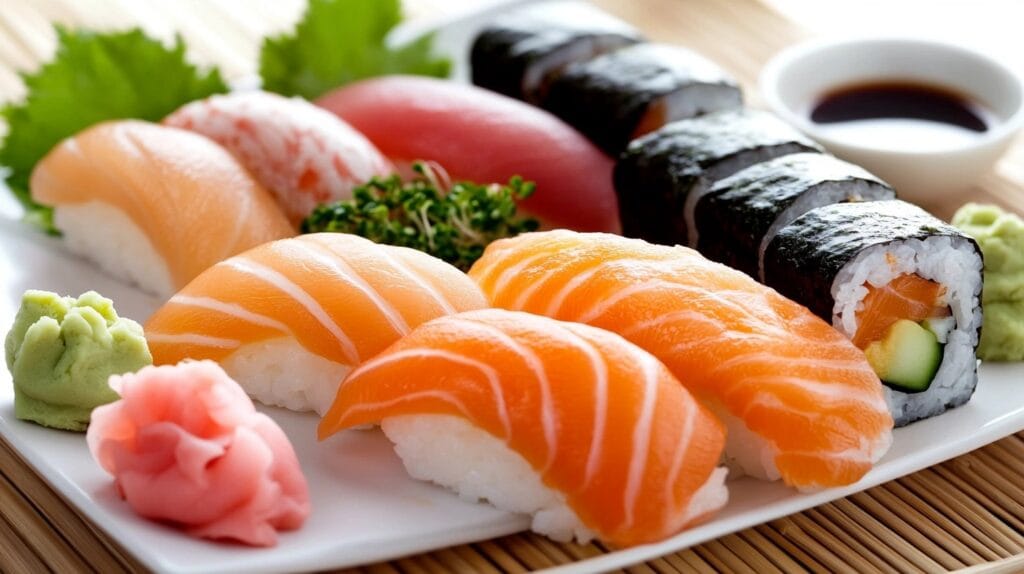 Freshly prepared sushi platter with sashimi and nigiri, served with garnishes, soy sauce, and wasabi.