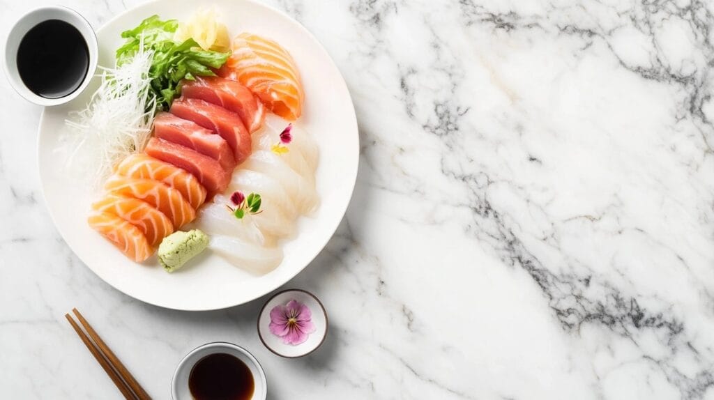 Sashimi platter featuring salmon, tuna, and scallops, served with traditional garnishes and dipping sauces.