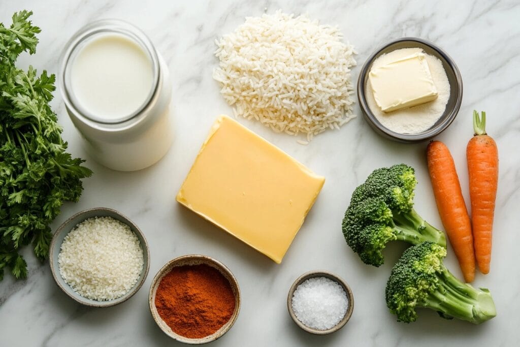  Ingredients for cheesy rice including rice, cheddar cheese, butter, milk, and seasonings, neatly arranged on a marble counter.