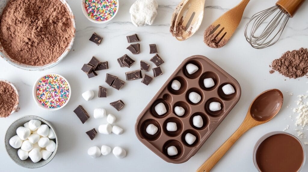 Ingredients for hot chocolate bombs, including chocolate chunks, cocoa powder, mini marshmallows, and sprinkles, laid out on a kitchen counter.
