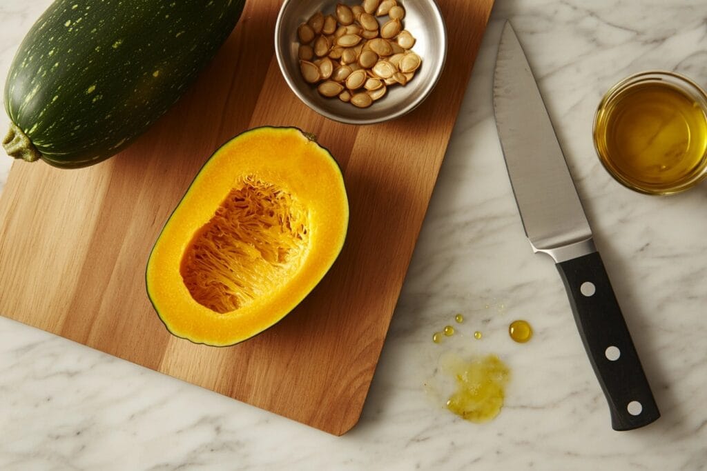 Golden squash wedges with caramelized edges on a parchment-lined baking sheet, garnished with rosemary.