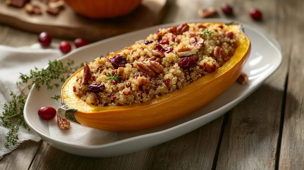 A squash being prepared on a cutting board, with wedges cut and seeds scooped out, ready for cooking.