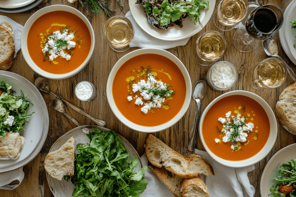 A full table spread with feta tomato soup, sourdough bread, green salad, and glasses of white wine, styled for an inviting Mediterranean meal.