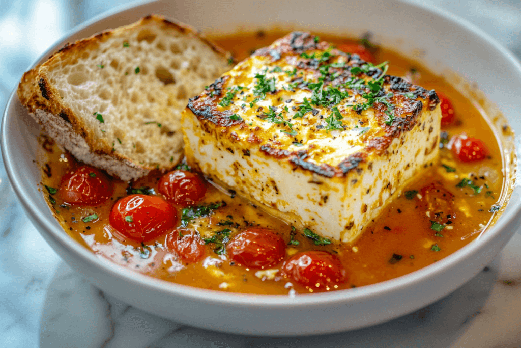 Creamy feta tomato soup in a bowl, garnished with crumbled feta, fresh basil, and olive oil, served with sourdough bread on a rustic table.