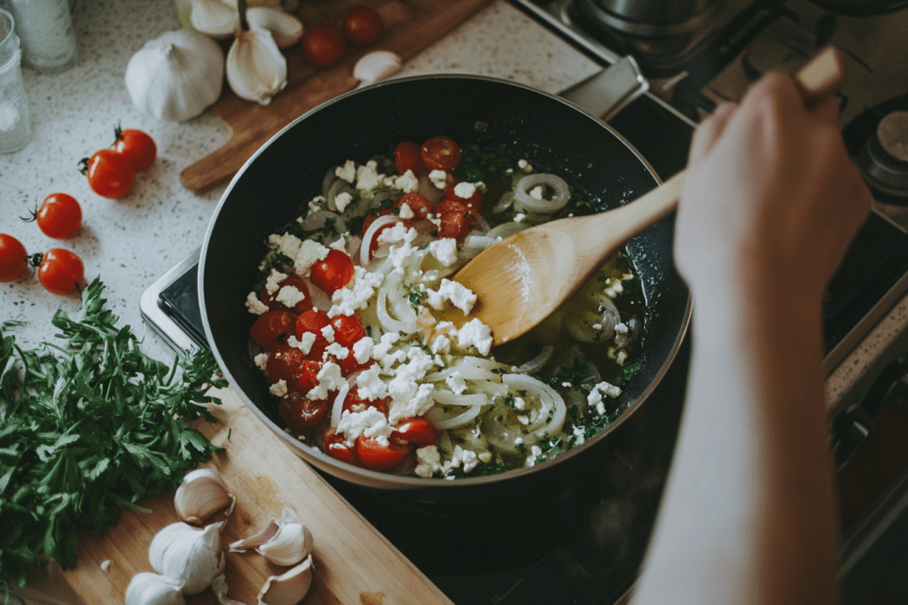 Sautéing Garlic and Onions for Feta Tomato Soup