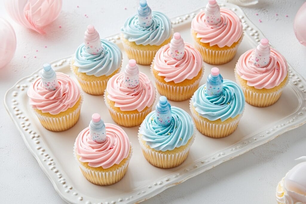 Gender reveal cupcakes with pink and blue frosting swirls, featuring a hidden blue filling and festive baby-themed toppers.