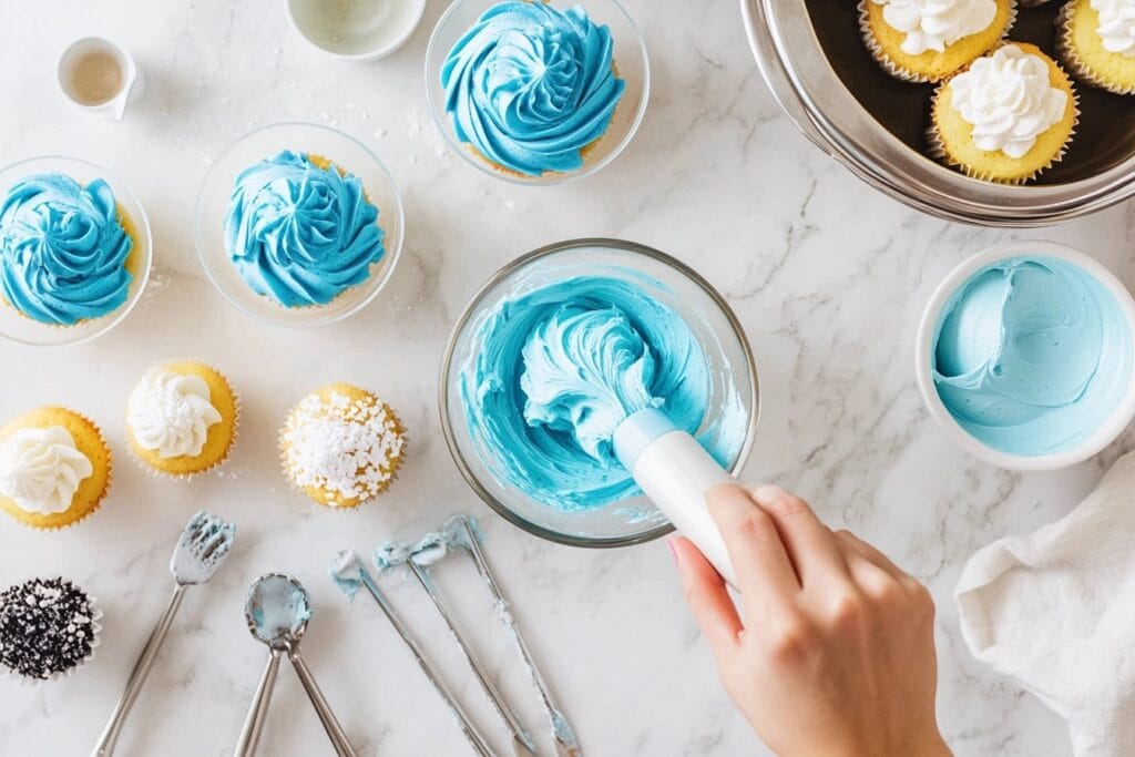 A tray of gender reveal cupcakes with dual-color pink and blue frosting swirls, edible glitter, and baby-themed toppers.