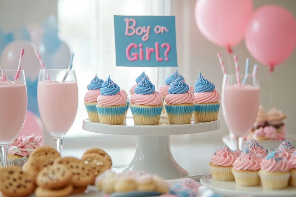 Gender reveal cupcakes displayed on a dessert table with cookies, macarons, and a festive "Boy or Girl?" party setup.