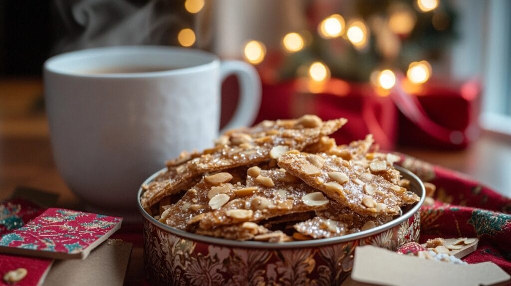 Golden peanut brittle on parchment paper with a candy thermometer and scattered peanuts on a rustic wooden table.