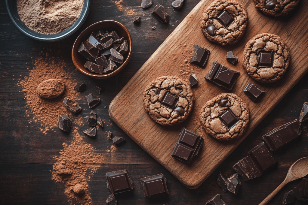 Close-up of freshly baked healthy double chocolate cookies with almond flour on a rustic wooden board, surrounded by ingredients.