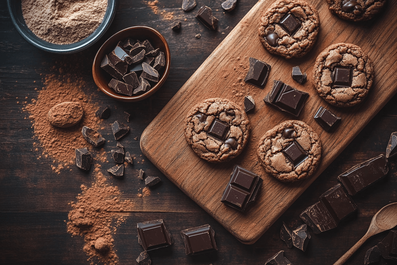 Close-up of freshly baked healthy double chocolate cookies with almond flour on a rustic wooden board, surrounded by ingredients.