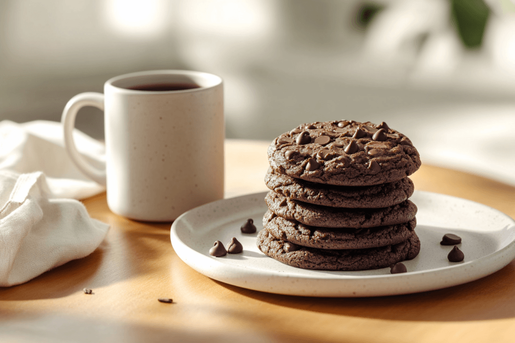  A stack of healthy double chocolate cookies on a plate with a mug of coffee and scattered chocolate chips, creating a cozy vibe.