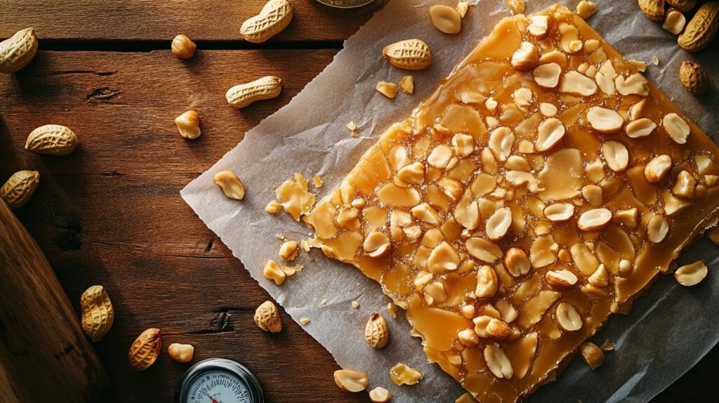 Festive peanut brittle pieces displayed in a decorative tin, accompanied by coffee and gift tags, perfect for holiday gifting and celebrations.