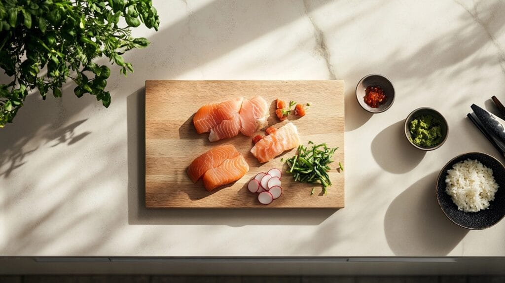 Home sushi preparation setup with fresh salmon, tuna, and rice for sashimi and nigiri.