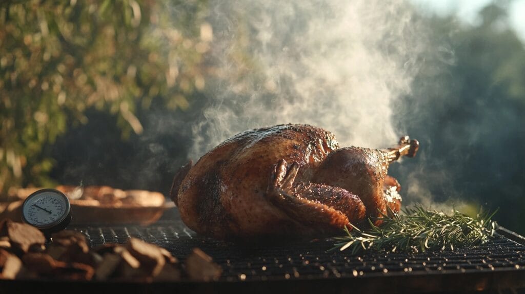 Close-up view of a smoked turkey breast with crispy golden skin, sliced to reveal juicy meat, garnished with fresh herbs on a wooden cutting board.