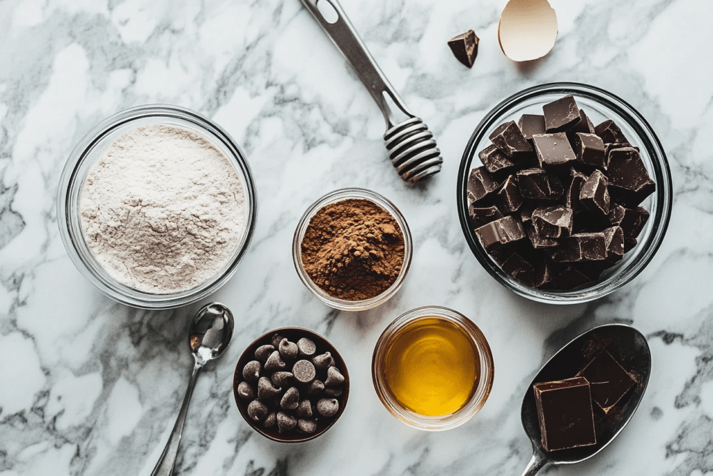 A flat-lay of healthy cookie ingredients, including almond flour, cocoa powder, eggs, honey, and dark chocolate chips, neatly arranged on a marble surface.