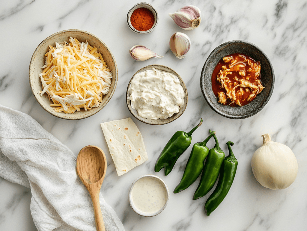 Ingredients for creamy enchiladas including shredded chicken, green chiles, Wolf Brand Chile, and spices arranged neatly on a kitchen counter