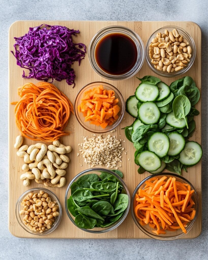  Flat lay of ingredients for Northeastern salad, including sweet potato noodles, spinach, peanuts, and vegetables on a wooden board.
