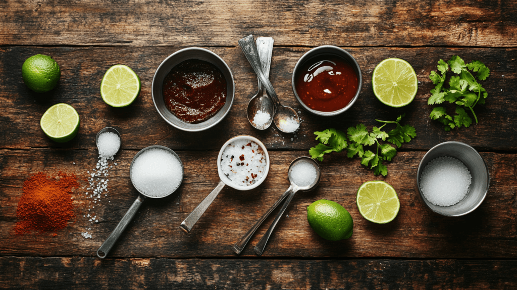 Key ingredients for making Mexican candy: tamarind paste, sugar, chili powder, chamoy sauce, lime, and salt on a wooden table.