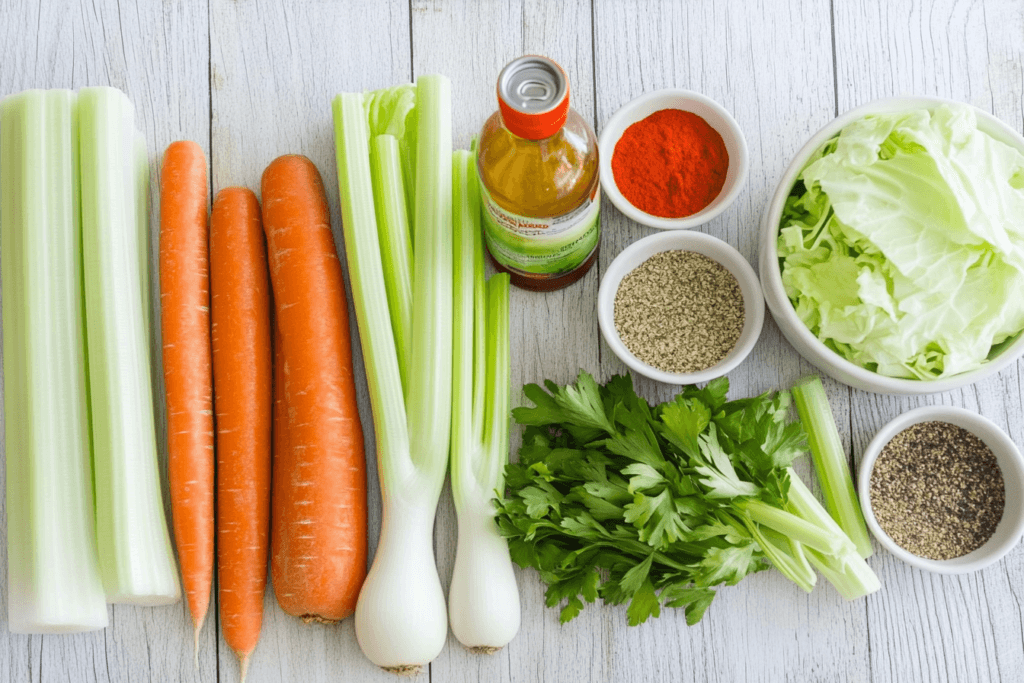 An overhead shot of fresh vegetables, spices, and other ingredients for vegetable soup neatly arranged on a wooden surface.

