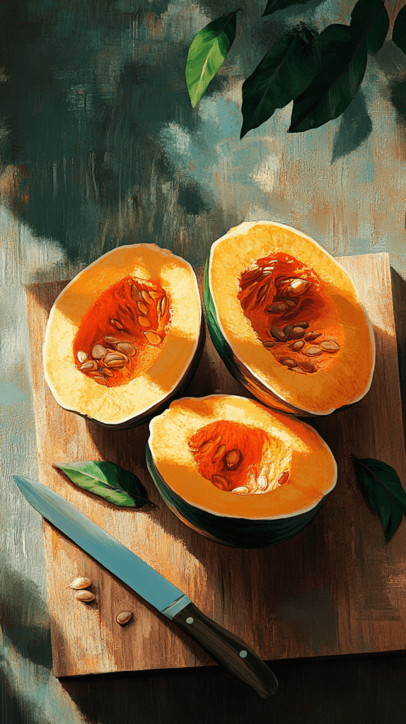 Halved kabocha and butternut squashes on a wooden cutting board, showing vibrant orange interiors and their contrasting skins.