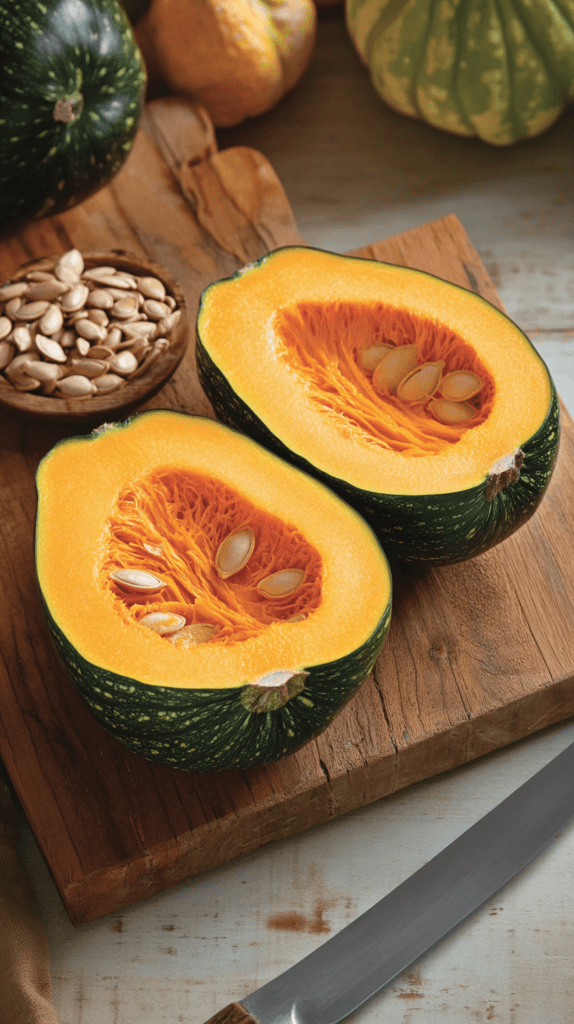 Are kabocha and butternut squash the same Halved kabocha and butternut squashes on a wooden cutting board, showing vibrant orange interiors and their contrasting skins.